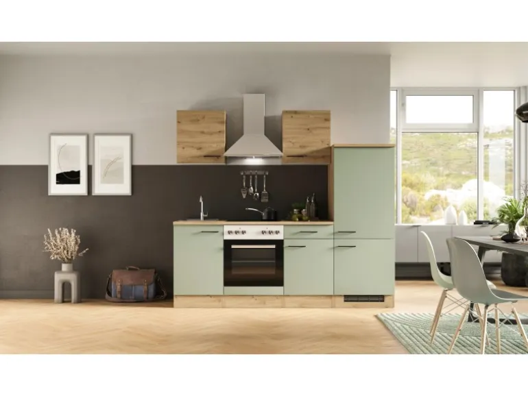 Flex-Well Exclusiv Küche 1706-002 Cara 220 cm Schilfgrün matt - Artisan Eiche