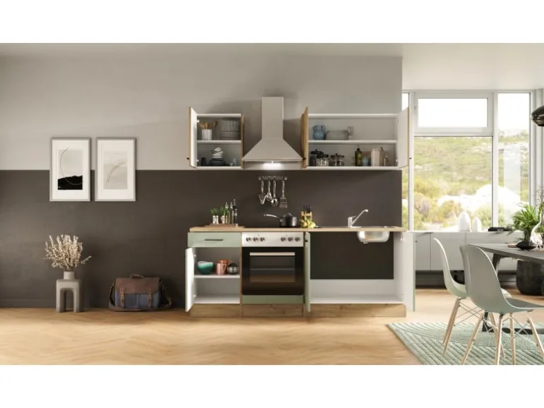 Flex-Well Exclusiv Küche 1601-036 Cara 210 cm Schilfgrün matt - Artisan Eiche