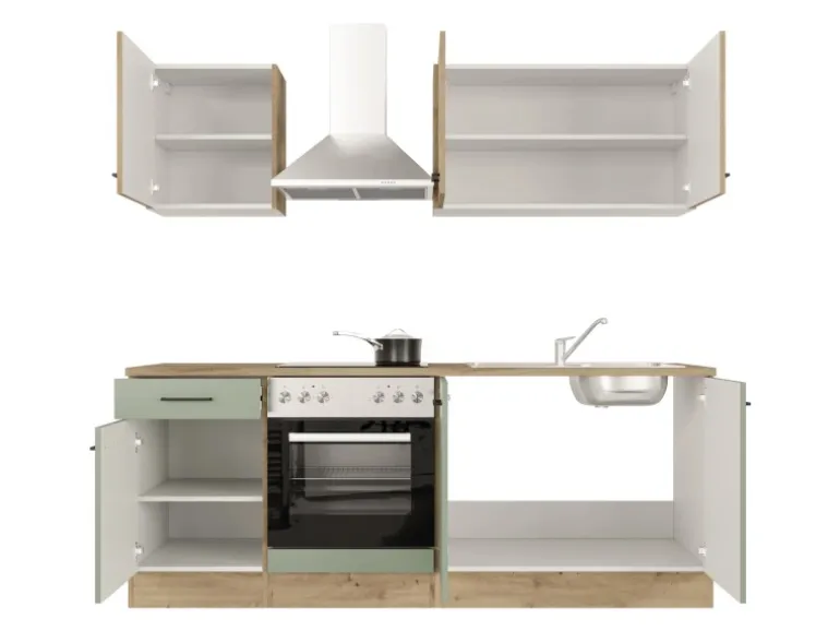 Flex-Well Exclusiv Küche 1601-036 Cara 210 cm Schilfgrün matt - Artisan Eiche