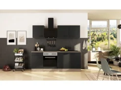 Flex-Well Exclusiv Küche 1601-005sWs Capri 210 cm Schwarz Matt-Endgrain Oak