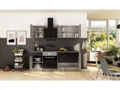 Flex-Well Exclusiv Küche 1601-005sWs Capri 210 cm Schwarz Matt-Endgrain Oak