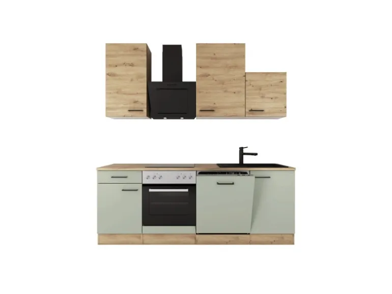 Flex-Well Exclusiv Küche 1701-017sWS Cara 220 cm Schilfgrün matt - Artisan Eiche