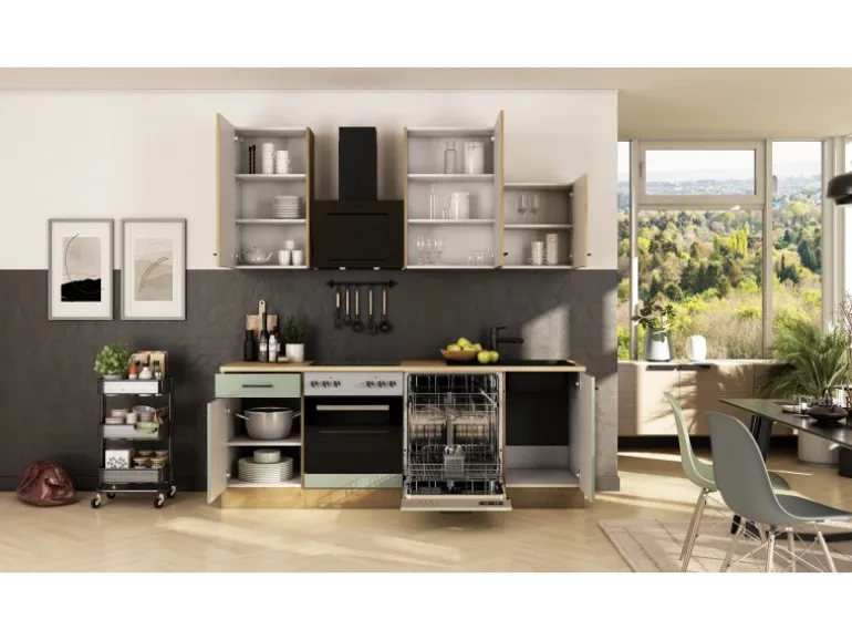 Flex-Well Exclusiv Küche 1701-017sWS Cara 220 cm Schilfgrün matt - Artisan Eiche