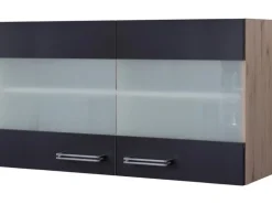 Flex-Well Exclusiv Küchen-Glas-Hängeschrank Lara 100 cm Anthrazit-San Remo Eiche