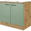 Flex-Well Exclusiv Küchen-Spülenschrank DSPU Cara 100cm Schilfgrün-Artisan Eiche