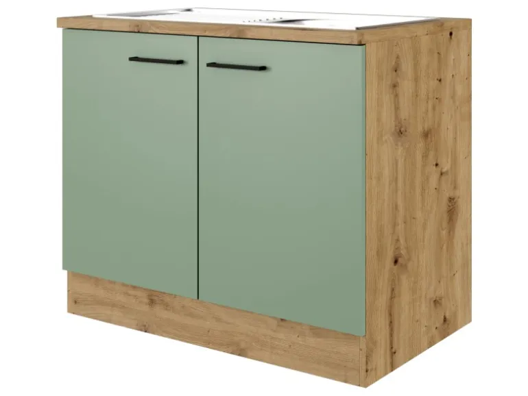 Flex-Well Exclusiv Küchen-Spülenschrank DSPU Cara 100cm Schilfgrün-Artisan Eiche