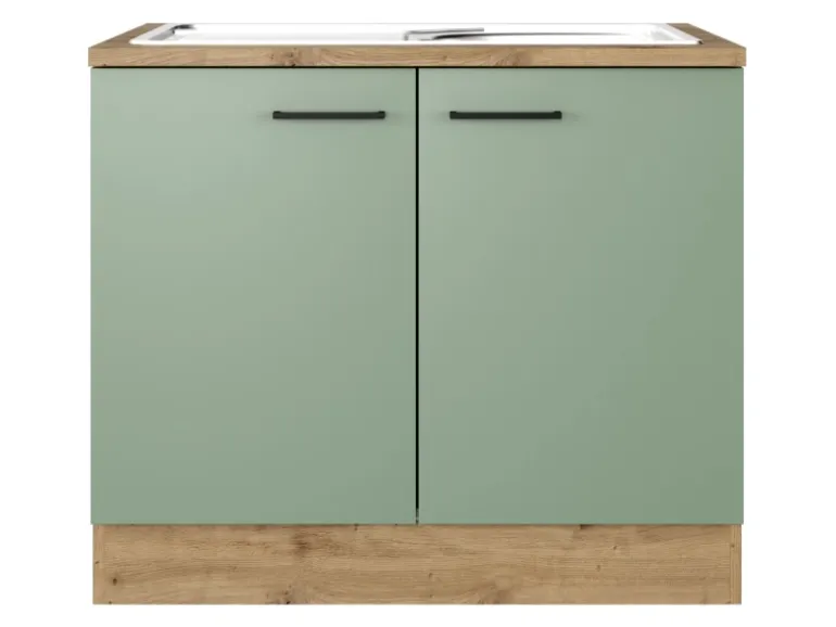 Flex-Well Exclusiv Küchen-Spülenschrank DSPU Cara 100cm Schilfgrün-Artisan Eiche