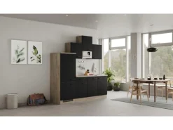 Flex-Well Exclusiv Küchenzeile Capri 210 cm Schwarz Matt-Endgrain Oak