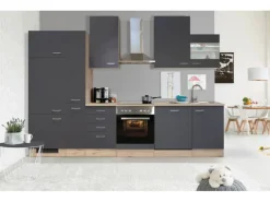 Flex-Well Exclusiv Küchenzeile Morena 310 cm Basaltgrau matt-San Remo Eiche hell
