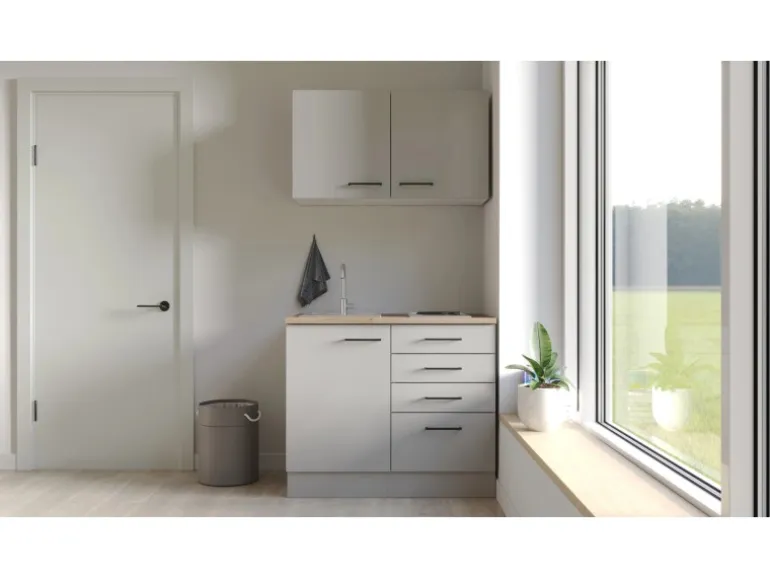 Flex-Well Exclusiv Miniküche Lund 100 cm Lichtgrau glänzend-Rauchgrau