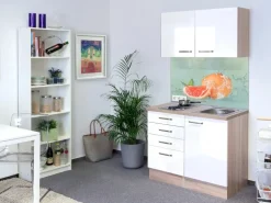 Flex-Well Exclusiv Miniküche Valero 100 cm Hochglanz Weiß-Sonoma Eiche