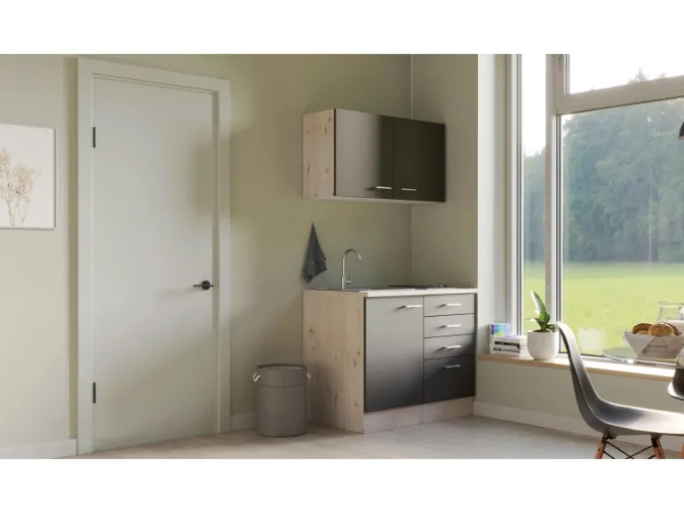 Flex-Well Exclusiv Miniküche Morena 100 cm Basaltgrau matt - San Remo Eiche