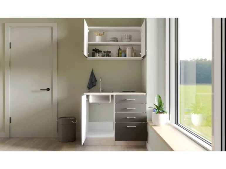 Flex-Well Exclusiv Miniküche Morena 100 cm Basaltgrau matt - San Remo Eiche