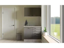 Flex-Well Exclusiv Miniküche Morena 100 cm Basaltgrau matt - San Remo Eiche