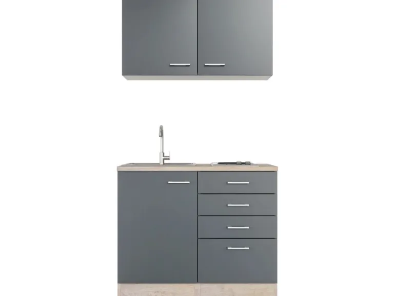 Flex-Well Exclusiv Miniküche Morena 100 cm Basaltgrau matt - San Remo Eiche