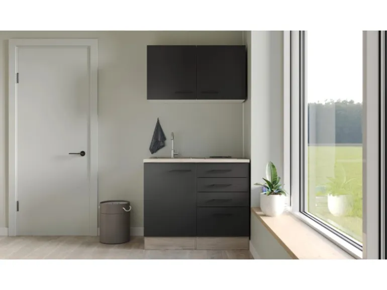 Flex-Well Exclusiv Miniküche Capri 100 cm Schwarz Matt-Endgrain Oak