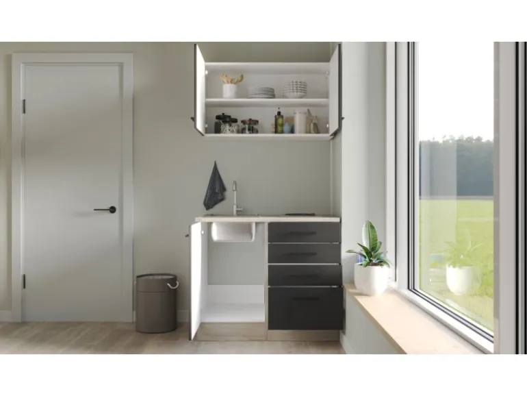 Flex-Well Exclusiv Miniküche Capri 100 cm Schwarz Matt-Endgrain Oak