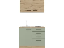 Flex-Well Exclusiv Miniküche Cara 100 cm Schilfgrün matt - Artisan Eiche