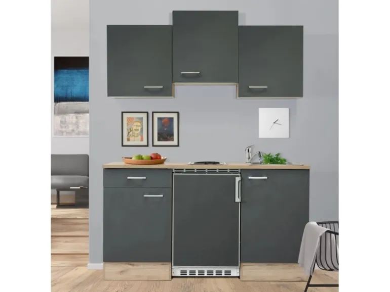 Flex-Well Exclusiv Singleküche Morena 150 cm Basaltgrau matt-San Remo Eiche hell