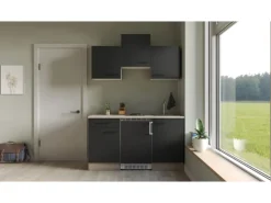 Flex-Well Exclusiv Singleküche Capri 150 cm Schwarz Matt-Endgrain Oak