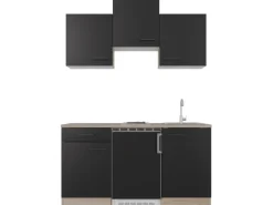 Flex-Well Exclusiv Singleküche Capri 150 cm Schwarz Matt-Endgrain Oak