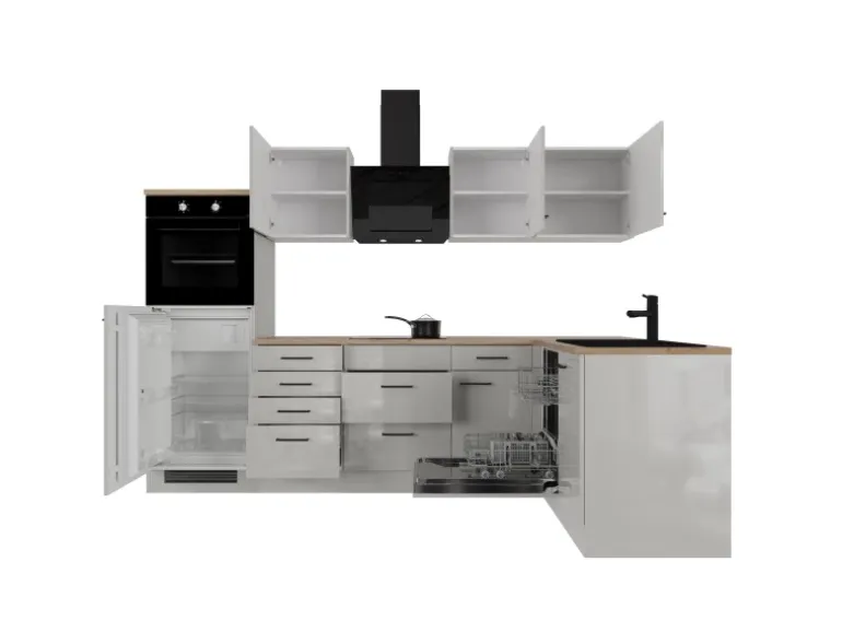 Flex-Well Exclusiv Winkelküche Lund 280 x 170 cm Lichtgrau glänzend-Rauchgrau