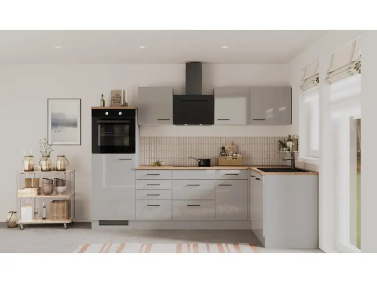 Flex-Well Exclusiv Winkelküche Lund 280 x 170 cm Lichtgrau glänzend-Rauchgrau