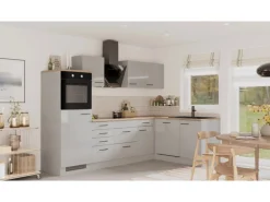Flex-Well Exclusiv Winkelküche Lund 280 x 170 cm Lichtgrau glänzend-Rauchgrau