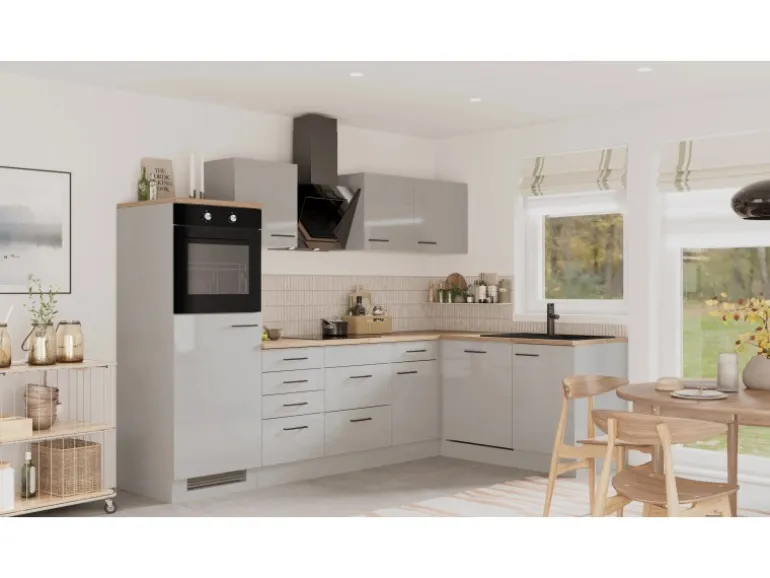 Flex-Well Exclusiv Winkelküche Lund 280 x 170 cm Lichtgrau glänzend-Rauchgrau