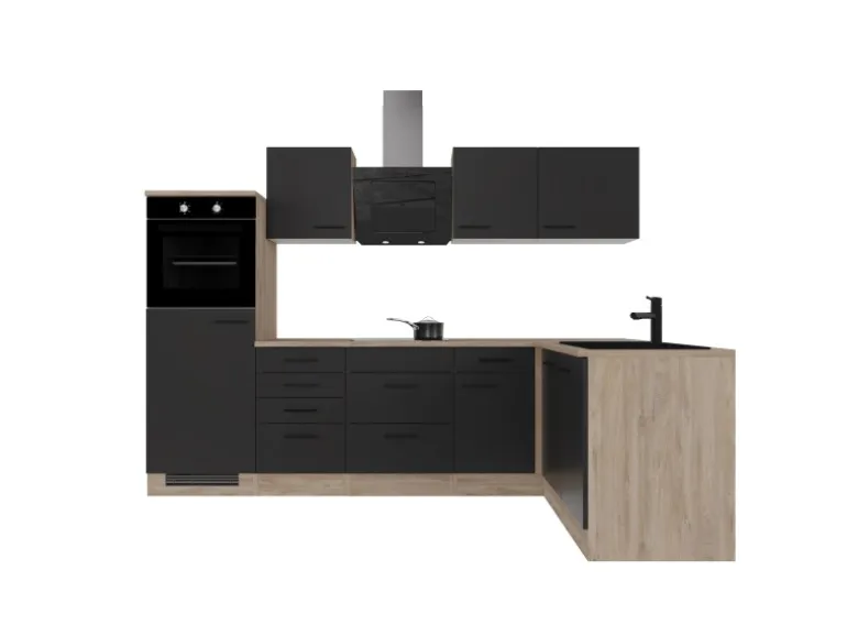 Flex-Well Exclusiv Winkelküche Capri 280 x 170 cm Schwarz Matt-Endgrain Oak