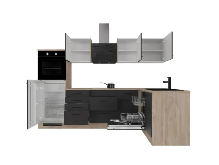 Flex-Well Exclusiv Winkelküche Capri 280 x 170 cm Schwarz Matt-Endgrain Oak