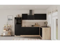 Flex-Well Exclusiv Winkelküche Capri 280 x 170 cm Schwarz Matt-Endgrain Oak