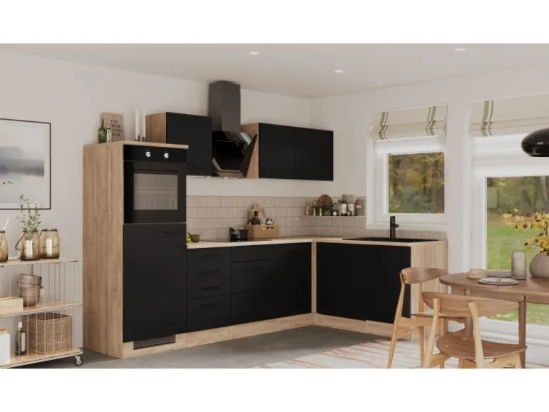 Flex-Well Exclusiv Winkelküche Capri 280 x 170 cm Schwarz Matt-Endgrain Oak
