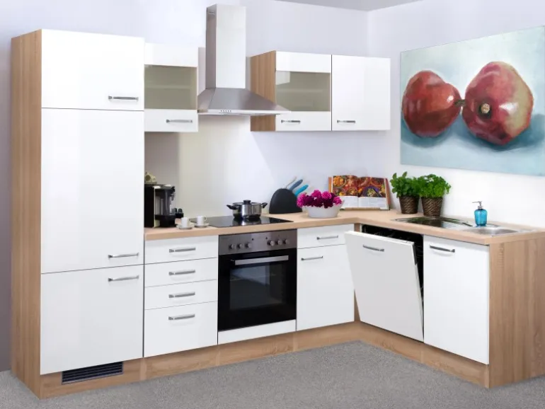 Flex-Well Exclusiv Winkelküche Valero 280 cm Hochglanz Weiß-Sonoma Eiche