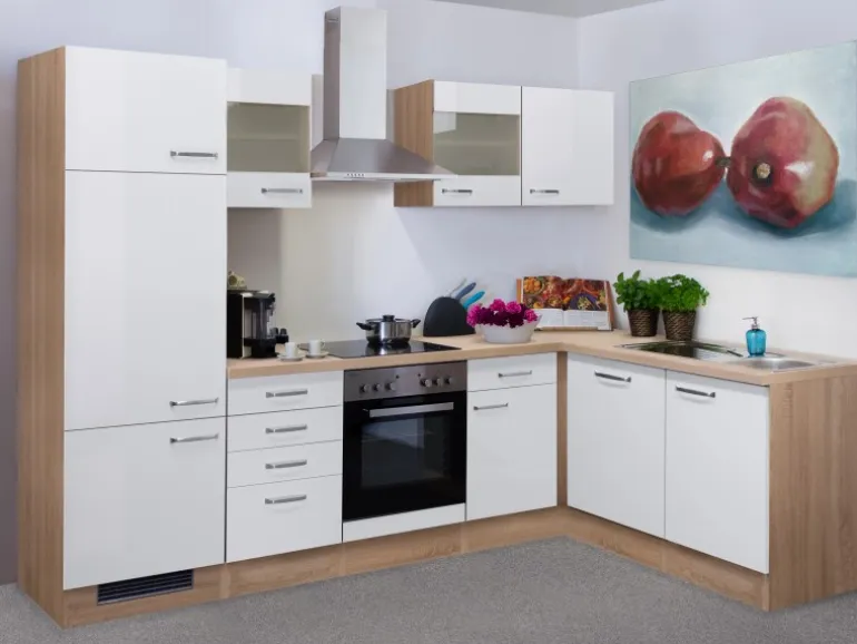 Flex-Well Exclusiv Winkelküche Valero 280 cm Hochglanz Weiß-Sonoma Eiche