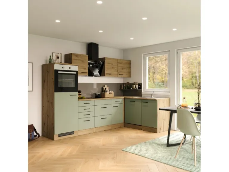 Flex-Well Exclusiv Winkelküche Cara 280 x 170 cm Schilfgrün matt - Artisan Eiche