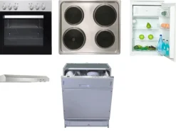 Flex-Well Küchengeräte-Set 4 Herd Kühlschrank Geschirrspüler + Dunstabzugshaube