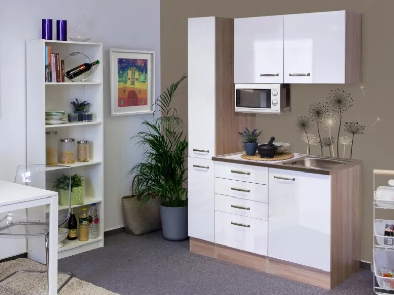 Flex-Well Singleküche 130 cm Valero Hochglanz Weiß-Sonoma Eiche