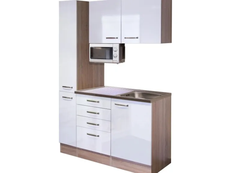 Flex-Well Singleküche 130 cm Valero Hochglanz Weiß-Sonoma Eiche