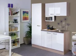 Flex-Well Singleküche 150 cm Valero Hochglanz Weiß-Sonoma Eiche