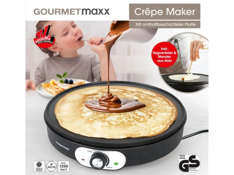 GOURMETmaxx Crepe Maker 1.200 W inkl. Teigverteiler und Crepe-Wender Ø 30 cm