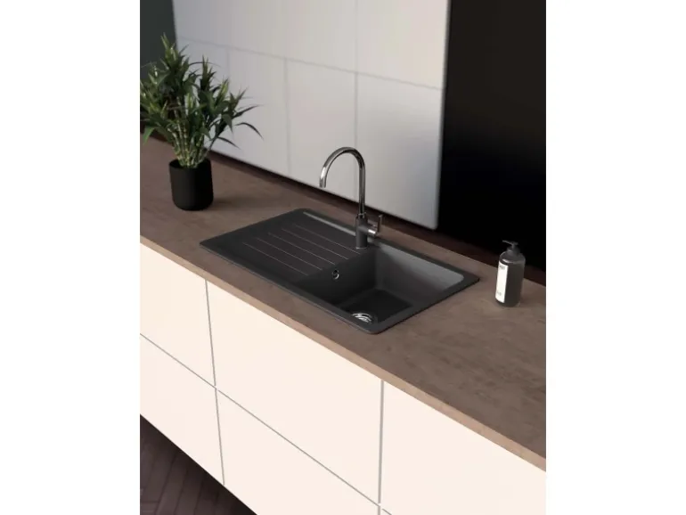 Granitspüle Altena D-100 inkl. Küchenarmatur Simi 50 cm x 86 cm Onyx