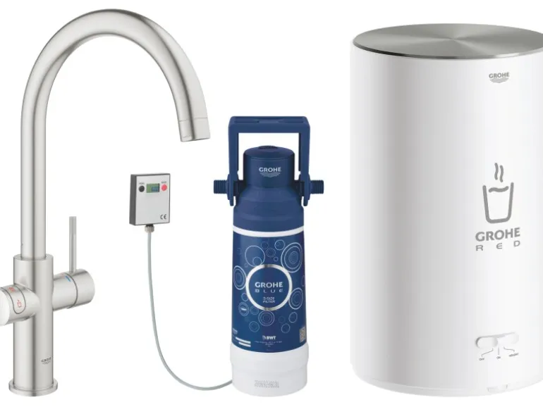 Grohe C-Auslauf Armatur und Boiler Red Duo M-Size Supersteel
