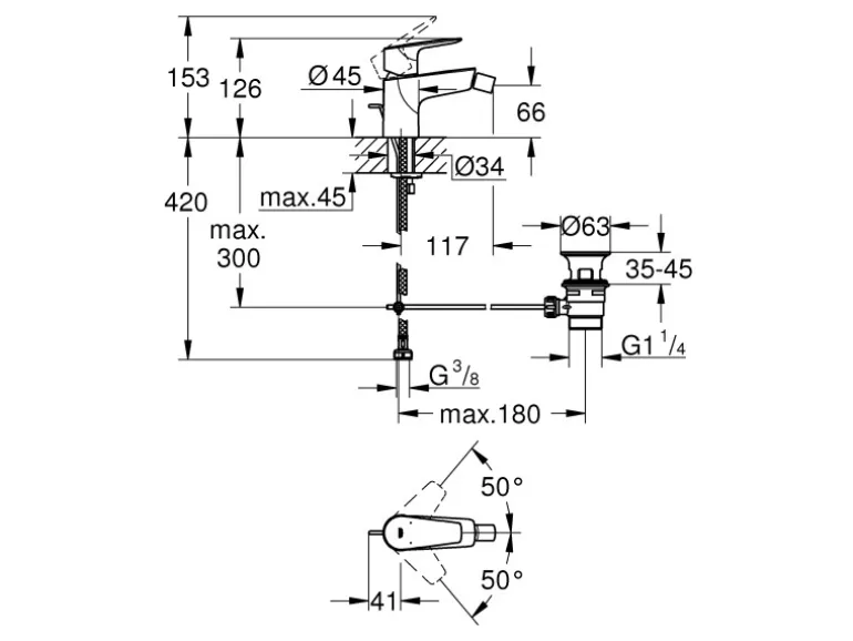 Grohe QuickFix Bidetarmatur Start Edge Zugstangen-Ablaufgarnitur 32 mm (1 1/4")