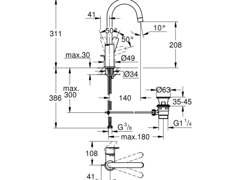Grohe QuickFix Waschtischarmatur Start Edge L Zugstangen-Ablaufgarnitur 1 1/4"