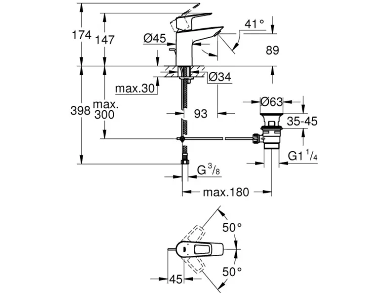 Grohe QuickFix Waschtischarmatur Start Loop S Zugstangen-Ablaufgarnitur 1 1/4"