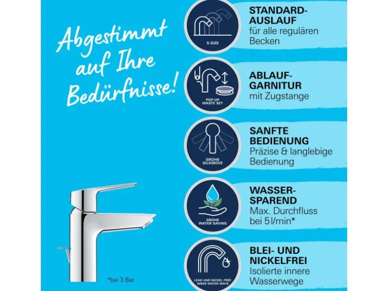 Grohe QuickFix Waschtischarmatur Start S-Size Zugstangen-Ablaufgarnitur 1 1/4"