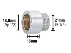 Hahnverlängerung 18,6 mm (Rp 1/2) x 21 mm (R 1/2) Messing Verchromt 15 mm