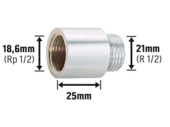 Hahnverlängerung 18,6 mm (Rp 1/2) x 21 mm (R 1/2) Messing Verchromt 25 mm