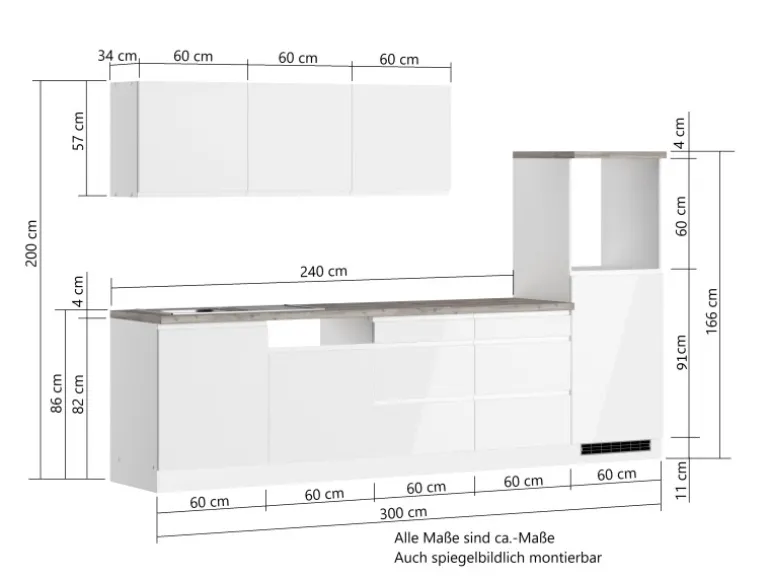 Held Küchen Küchenzeile Gera 300 cm Weiß/Wotan ohne E-Geräte /autark
